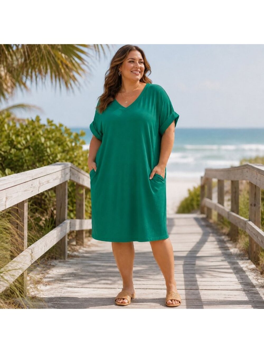 Zenana Outfitters Women’s Green V-Neck Midi T-Shirt Dress Size 2X